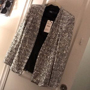Zara Silver Sequin Blazer NWT Size M
